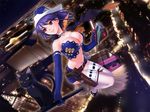  belt blue_hair breasts broom broom_riding cape cat cellphone cityscape game_cg gun handgun hat hitotsukane_yuuko_olivia large_breasts majodou night phone purple_hair red_eyes revolver sano_toshihide sidesaddle solo suitcase thighhighs weapon witch 