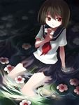  arm_support bad_id bad_pixiv_id brown_hair flower original oryou parted_lips red_eyes school_uniform serafuku short_hair sitting solo water 