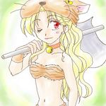  ;) artist_request axe bandeau bare_shoulders bell bell_choker berserker_(final_fantasy) blonde_hair choker class_change closed_mouth eyebrows_visible_through_hair final_fantasy final_fantasy_iv holding holding_axe holding_weapon jingle_bell long_hair lowres navel oekaki one_eye_closed orange_choker over_shoulder red_eyes rosa_farrell smile solo warrior_(final_fantasy) weapon weapon_over_shoulder wristband 