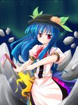  blue_hair food fruit hat hinanawi_tenshi leaf long_hair makino_(ukiuo) peach red_eyes solo sword sword_of_hisou touhou weapon 