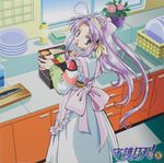  apron artist_request blue_eyes food highres kitchen long_hair mamotte_shugogetten! obentou purple_hair shugogetten_shaolin solo 