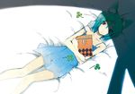  animal_ears bad_id bad_pixiv_id bed book clover copyright_request dress four-leaf_clover from_above hrd looking_up lying multicolored_hair red_eyes shamrock short_hair solo strap_slip two-tone_hair 
