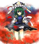  aoguu bad_id bad_pixiv_id blue_eyes flower green_hair hands_on_hips hat ribbon shiki_eiki short_hair solo spider_lily touhou 
