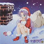  artist_request blue_eyes christmas copyright_name highres long_hair mamotte_shugogetten! minigirl multiple_girls official_art purple_hair rishu_(mamotte_shugogetten!) sack santa_costume shugogetten_shaolin snow snowball solo_focus winter 