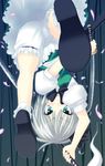  bloomers dual_wielding hitodama holding konpaku_youmu konpaku_youmu_(ghost) petals saki_chisuzu shoe_soles solo somersault sword touhou underwear upside-down weapon white_bloomers 