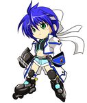  bandana blue_hair chibi green_eyes hagane_soushi inline_skates lyrical_nanoha mach_caliber mahou_shoujo_lyrical_nanoha_strikers midriff revolver_knuckle roller_skates short_hair shorts skates solo subaru_nakajima 