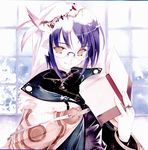  aquarian_age book glasses hat highres jewelry purple_hair ring robe short_hair smile solo sumi_keiichi 