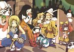  3girls adelbert_steiner beatrix blonde_hair blue_eyes bodysuit bow covering_mouth eiko_carol everyone final_fantasy final_fantasy_ix frog garnet_til_alexandros_xvii gloves hair_bow hand_over_own_mouth hat horn moogle mov multiple_boys multiple_girls oglop orange_bodysuit quina_quen vivi_ornitier yellow_bow zidane_tribal 