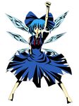  bad_anatomy bajiru barefoot blue_eyes blue_hair cirno clenched_hand full_body raised_fist simple_background solo standing touhou white_background wings 