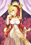  ahoge blonde_hair boots breasts cleavage cleavage_cutout crossed_legs epaulettes fate/extra fate_(series) flower green_eyes hair_ribbon hoshiyoruno legs light_smile medium_breasts nero_claudius_(fate) nero_claudius_(fate)_(all) ribbon rose see-through sitting throne 