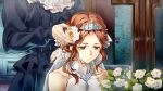  2girls bare_shoulders blue_dress bouquet brown_eyes brown_hair charlotte_abelfreyja_drossel cheese_kang closed_mouth commentary_request crown dress flower frills hair_flower hair_ornament hair_up highres indoors jewelry long_hair looking_down maid multiple_girls necklace smile solo_focus tears tiara violet_evergarden wedding_dress white_dress 