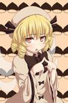  blonde_hair bow brown_background chestnut chestnut_mouth dress drill_hair fairy_wings fingers_together hair_bow hat highres long_sleeves looking_at_viewer luna_child omaehadareda-uso red_eyes short_hair solo sweatdrop tongue touhou upper_body white_dress wide_sleeves wings 