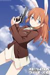  animal_ears blue_eyes blue_sky bunny_ears charlotte_e_yeager cloud cowboy_shot day dutch_angle gun handgun holding holding_gun holding_weapon light_smile long_hair looking_at_viewer m1911 military military_jacket military_uniform official_art orange_hair pistol promotional_art shimada_fumikane sky solo strike_witches trigger_discipline uniform weapon world_witches_series 