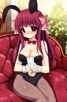  amane_(dream_c_club) animal_costume animal_ears bad_id bad_pixiv_id bare_shoulders blush bow breasts bubble bunny_ears bunny_girl bunnysuit collarbone couch dream_c_club dream_c_club_(series) emily_(pure_dream) glass hair_bow large_breasts long_hair looking_at_viewer pantyhose plant sitting smile wrist_cuffs 