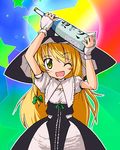  :d alcohol arms_up blonde_hair blush bottle bow curiosities_of_lotus_asia fingerless_gloves frills gloves green_eyes hair_bow hat kirisame_marisa long_hair neki-t one_eye_closed open_mouth sake sake_bottle smile solo star touhou witch witch_hat 