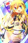  bad_id bad_pixiv_id blonde_hair blue_eyes headphones kozue1120 lily_(vocaloid) long_hair microphone_stand midriff navel open_mouth smile solo vocaloid 