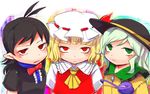  black_hair blonde_hair bow chamaruku dress flandre_scarlet green_eyes green_hair hat houjuu_nue komeiji_koishi looking_at_viewer multiple_girls pointy_ears red_eyes ribbon short_hair side_ponytail stage_connection staring touhou 