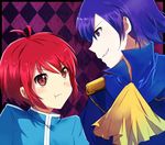  2boys ahoge mao_(tales) mao_(tor) multiple_boys purple_background purple_eyes purple_hair red_eyes red_hair saleh short_hair tales_of_(series) tales_of_rebirth 