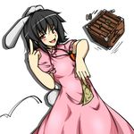  animal_ears black_hair box brown_eyes bunny_ears bunny_tail carrot carrot_necklace coin donation_box dress inaba_tewi jewelry middle_finger money necklace ototobe pendant pink_dress short_hair solo tail touhou 