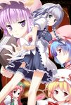  blue_eyes blue_hair blush book braid crescent flandre_scarlet hat highres holding holding_book hong_meiling izayoi_sakuya long_hair maid maid_headdress multiple_girls patchouli_knowledge pikazo purple_eyes purple_hair red_eyes red_hair remilia_scarlet silver_hair star thigh_strap touhou twin_braids wings 
