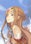  armor asuna_(sao) braid brown_eyes brown_hair detached_sleeves long_hair mura_(kanojo_no_oukoku) smile sword_art_online upper_body 