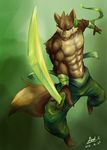  anthro bandage barefoot belt biceps brown_fur canine claws clothing dark&#38851;&#21487; dark_tatsuka fight fur green green_eyes katana male mammal muscles pants pecs pose solo sword toe_claws toned tongue tongue_out topless weapon wolf 