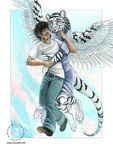  anthro belt claws clothed clothing couple duo embrace feline female flight front fur grab human kacey male mammal pink_nose shoes sky smile stripes tiger toe_claws whiskers white_fur white_tiger wings 