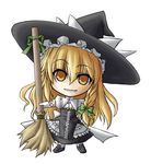  blonde_hair bow braid broom chibi curiosities_of_lotus_asia elehime frills full_body gloves hair_bow hat kirisame_marisa long_hair mary_janes shoes side_braid simple_background single_braid smile solo touhou witch witch_hat yellow_eyes 