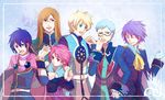  1girl 5boys belt black_hair blonde_hair blue_eyes blue_hair breasts brown_hair cape cleavage eyes_closed flynn_scifo frills glasses gloves harold_berselius hubert_ozwell jade_curtiss leon_magnus long_hair multiple_boys open_mouth pink_hair purple_eyes purple_hair red_eyes saleh short_hair tales_of_(series) tales_of_destiny tales_of_destiny_2 tales_of_graces tales_of_rebirth tales_of_the_abyss tales_of_vesperia 