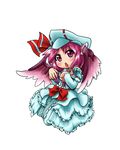  animal_ears bird_wings blush bow capelet cosplay curiosities_of_lotus_asia daajirin.koucha dress fingernails hat hat_ribbon jewelry long_fingernails mystia_lorelei nail_polish open_mouth pink_hair purple_eyes remilia_scarlet remilia_scarlet_(cosplay) ribbon sharp_fingernails simple_background solo touhou white_background wings 