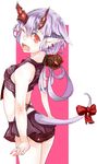  eyelashes hair_ornament highres horns laio midriff one_eye_closed oni open_mouth original pointy_ears purple_hair red_eyes ribbon skirt solo swimsuit tail 