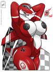 absurd_res aeromorph aircraft airplane anthro arms_behind_head big_breasts black_nipples breasts female hi_res licking lips living_aircraft living_machine looking_at_viewer navel nipples nude pose red red_body red_eyes solo standing stripes thighs tongue voluptuous walter_sache white wide_hips 