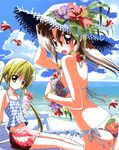  2girls beach bikini blonde_hair blush breasts brown_hair green_eyes hat hayate_no_gotoku! long_hair maria maria_(hayate_no_gotoku!) multiple_girls ocean ponytail red_eyes sanzen'in_nagi sanzenin_nagi school_swimsuit sea sky swimsuit twintails 