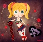  2012 blonde_hair blood blush_stickers breasts candy chainsaw cheerleader chibi clothes_writing copyright_name crossed_legs dated food green_eyes jonathan_barret juliet_starling large_breasts lips lollipop lollipop_chainsaw looking_at_viewer pikou solo standing thighhighs thighs twintails watermark wristband 