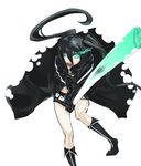  aqua_eyes black_hair black_rock_shooter black_rock_shooter_(character) boots coat green_eyes laio long_hair open_mouth shorts solo spring_onion sword twintails weapon 