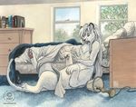  bed book detailed_background falling feline fur furniture indoor kacey lie lion male mammal nude post_transformation solo taur transformation white white_fur window 