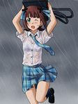  amami_haruka arms_up bag blush bra brown_hair green_eyes idolmaster idolmaster_(classic) lielos necktie rain rough_time_school running school_uniform see-through short_hair solo underwear wet wet_clothes 