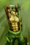  anthro armpits bandage belt biceps brown_fur canine clothing dark&#38851;&#21487; dark_tatsuka fur green green_eyes katana looking_at_viewer male mammal muscles pants pecs pose solo sword toned topless weapon wolf 