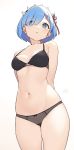  1girl absurdres arms_behind_back bare_shoulders black_bra black_panties blue_eyes blue_hair bra breasts cloba cowboy_shot flower_knot hair_ornament headdress highres looking_at_viewer medium_breasts navel panties parted_lips re:zero_kara_hajimeru_isekai_seikatsu rem_(re:zero) short_hair simple_background solo standing stomach strap_gap thighs underwear underwear_only white_background x_hair_ornament 