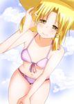  bikini blonde_hair blush front-tie_top hat highres moriya_suwako navel purple_bikini seductive_smile short_hair sidelocks smile solo swimsuit takorice touhou yellow_eyes 