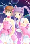  alternate_costume arm_grab bad_id bad_pixiv_id blue_background bow brown_hair choker detached_collar gloves green_eyes highres kururi_(oekaki_nikki) long_hair multiple_girls necktie pink_bow pink_choker pink_neckwear purple_eyes purple_hair ribbon rita_mordio short_hair skirt smile sophie_(tales) sparkle tales_of_(series) tales_of_graces tales_of_vesperia twintails 