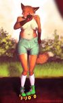  anthro breasts canine clarisgardens clothing female fox jorts mammal midriff nipples oddwilds open_mouth pinup pose rollerskates shorts socks solo standing 