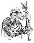  bracers brooch cloak dungeons_&amp;_dragons greyscale horn jewelry jewlery kobold magic magic_user monochrome monster plain_background polearm reptilian scalie shaman solo staff tribal_spellcaster unknown_artist white_background wizards_of_the_coast 