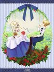  ahoge artoria_pendragon_(all) black_legwear black_tea boots casual chair character_name closed_eyes cup dress fate/stay_night fate_(series) floating flower food fork hair_bun kiratsuki knife pantyhose pouring red_flower red_rose ribbon rose saber sandwich sitting solo table tablecloth tea teacup teapot tiered_tray vase 
