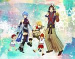  4boys aqua_(kingdom_hearts) bare_shoulders belt black_legwear blonde_hair blue_eyes blue_hair brown_hair brown_hakama carrying child detached_sleeves fingerless_gloves gloves hakama japanese_clothes kairi_(kingdom_hearts) kingdom_hearts kingdom_hearts_birth_by_sleep magatsumagic multiple_boys multiple_girls red_hair riku sandals short_hair shoulder_carry silver_hair sora_(kingdom_hearts) terra_(kingdom_hearts) thighhighs ventus younger 