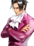  black_eyes black_hair cravat crossed_arms fingernails formal frown grey_hair gyakuten_kenji gyakuten_saiban hair_intakes looking_at_viewer magatsumagic male_focus mitsurugi_reiji simple_background solo suit white_background 