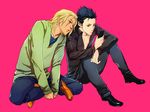  black_hair blonde_hair casual cellphone denim el_shaddai enoch green_eyes indian_style jeans lucifel_(el_shaddai) magatsumagic male_focus multiple_boys pants phone pink_background red_eyes simple_background sitting 