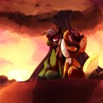  apple applejack_(mlp) blonde_hair brown_hair cowboy_hat equine female friendship_is_magic fruit fur green_eyes green_fur hair hat horse intrelody kohtek male mammal my_little_pony open_mouth original_character pony red_eyes sun sunset tree warm_colors wood yellow_fur 