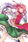  amputee bandages bun_cover chinese_clothes double_bun dragon eastern_dragon flower from_below hair_ribbon highres ibaraki_kasen pink_eyes pink_hair ribbon rimu_(kingyo_origin) rose short_hair skirt solo touhou 