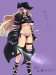  asymmetrical_clothes black_panties breasts brown_hair cape cleavage cowboy_hat gradient_hair groin hat hijiri_byakuren large_breasts leg_ribbon multicolored_hair navel no_bra oneechanbara panties purple_hair ribbon side-tie_panties simple_background smile solo sorcerer's_sutra_scroll sword thigh_strap tobisawa touhou underwear weapon 